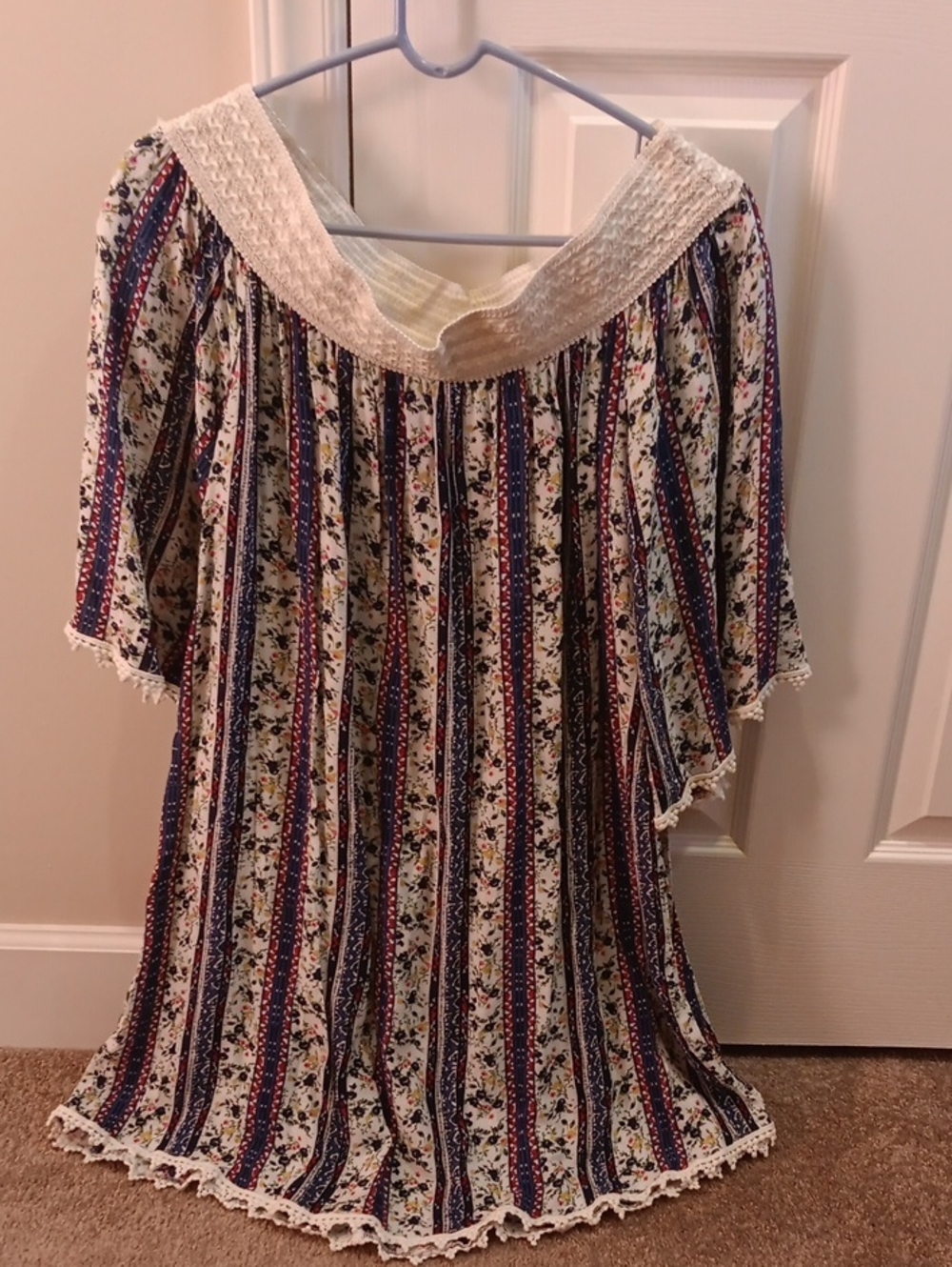 Kori Cream Dress with Navy and Red Floral Stripes